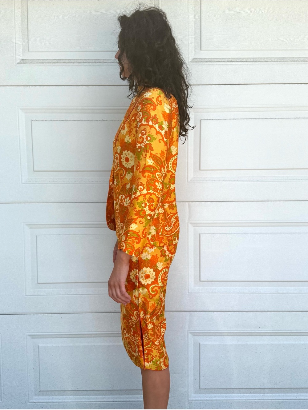 Vintage 60s Orange Raw Silk Floral Midi Dress Cheongsam with Jacket - Picture 6 of 17